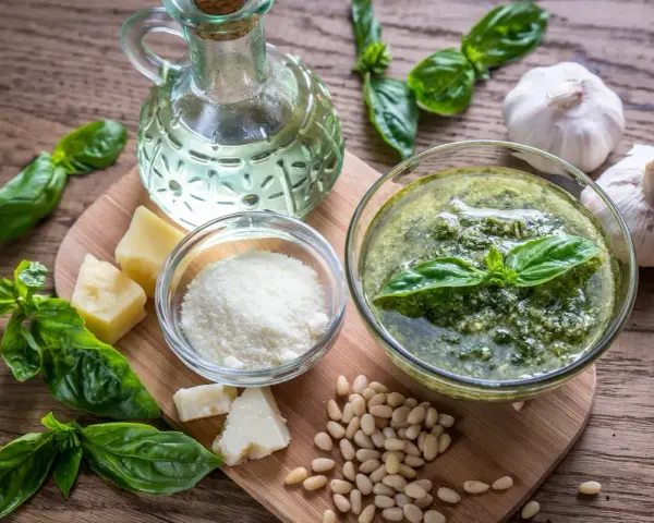 Składniki do przygotowania pesto: świeża bazylia, orzeszki piniowe, czosnek, parmezan, oliwa.