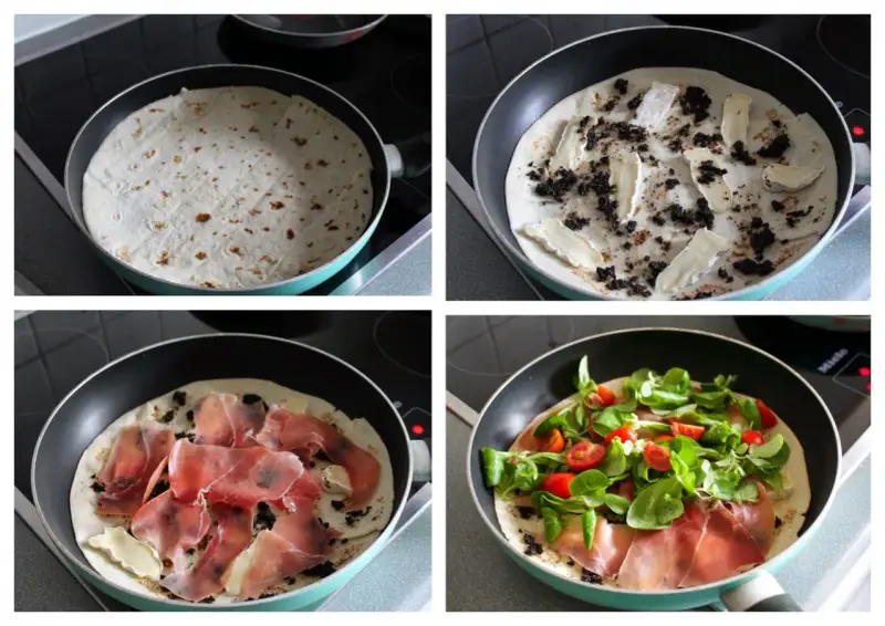 Przygotowanie piadiny z serem brie, oliwkami i szynką parmeńską, a na koniec dodatek świeżej sałatki i pomidorków.